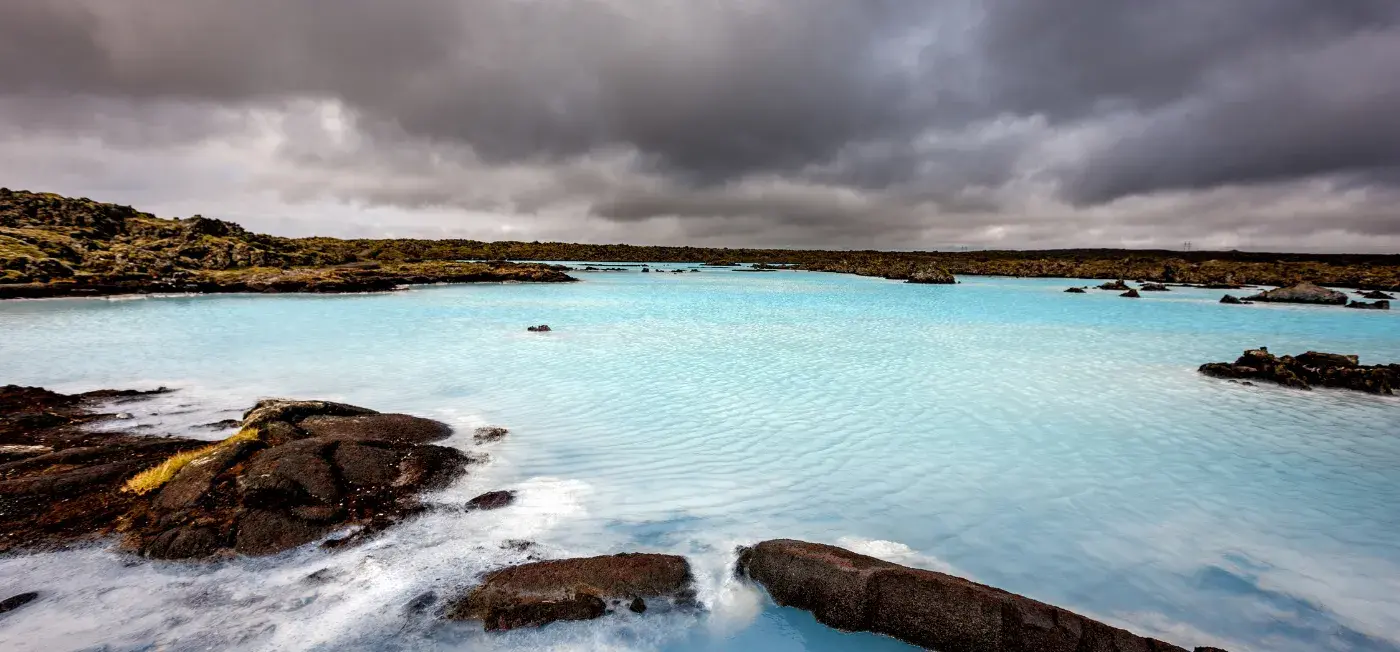 milky-blue, mineral-rich waters view of Reykjavík, Iceland