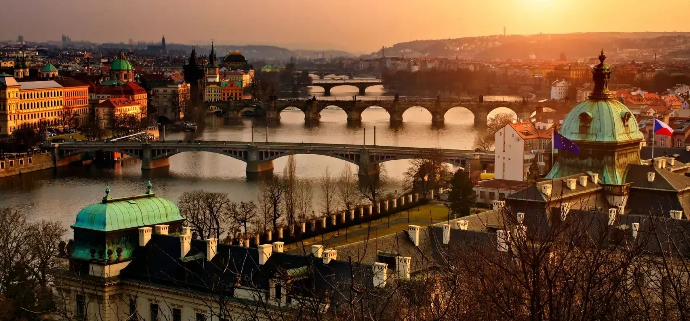Charles Bridge view of Berlin, Prague, Budapest