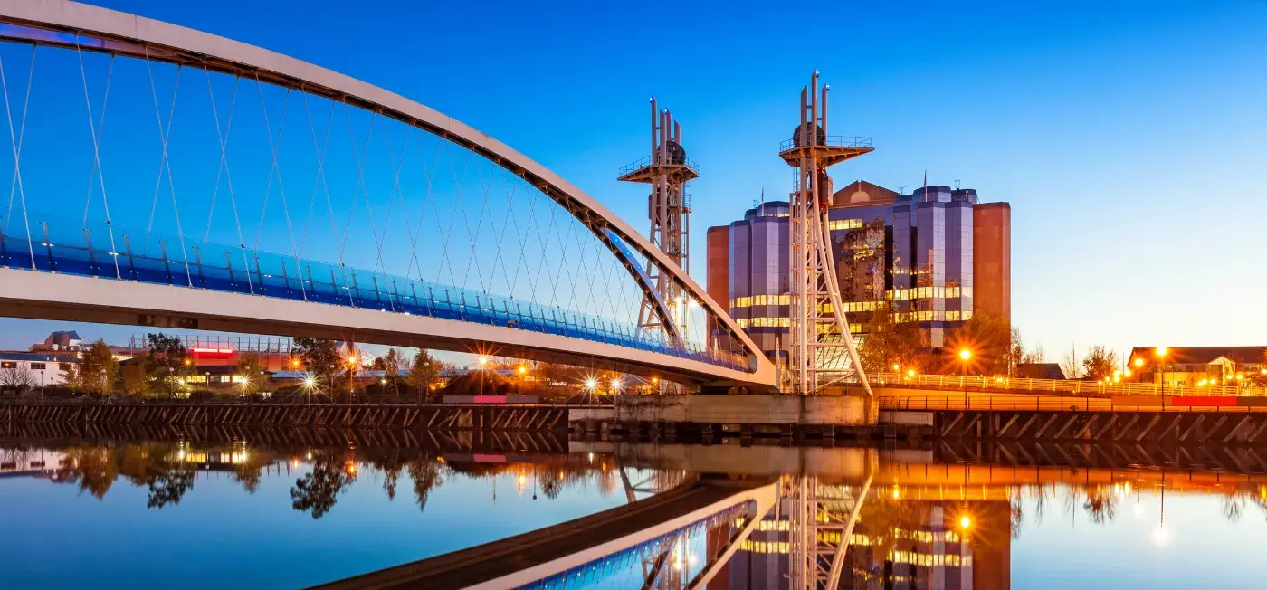 Salford Quays lift bridge view of London